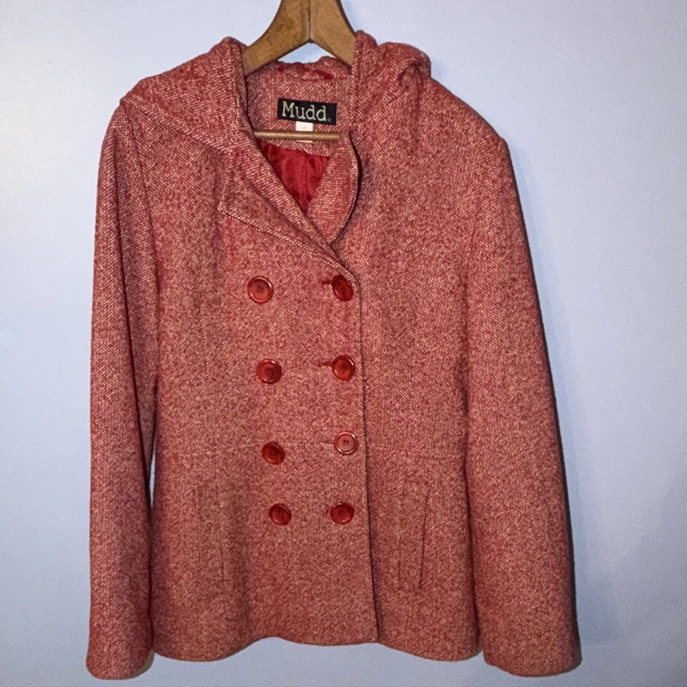 Y2K Mudd Women Wool Blend Pea Coat Jacket M Red Tweed Casual Academia Career VTG